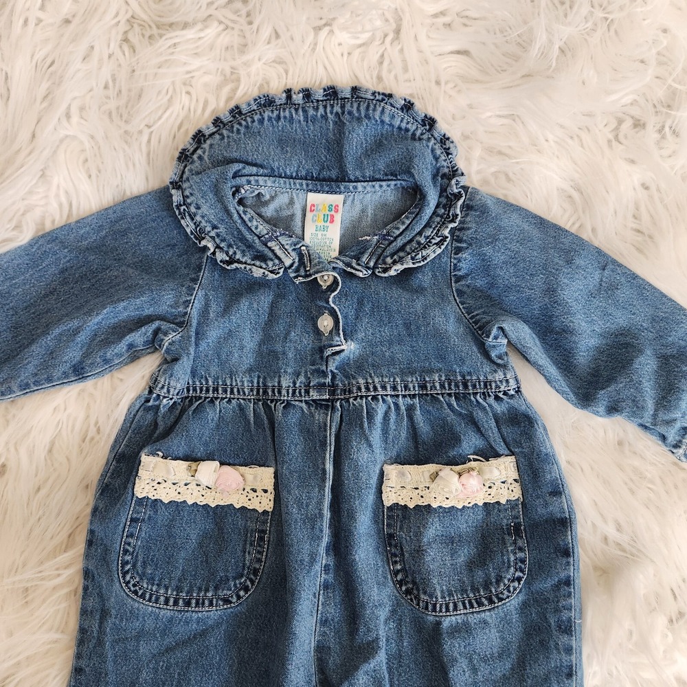 Vintage Baby Girl Denim Overall 6M Rose Lace Snap on Class Club 100% Cotton - Picture 2 of 8